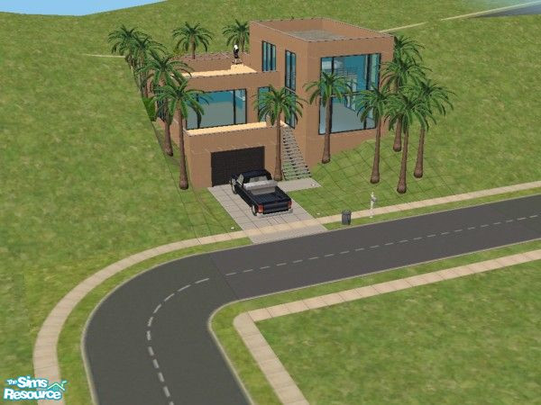 Sims 2 — Manson Mini by alikat2k — Garage, mezzanine bedroom, landscaped lap pool, modern kitchen, lounge and rec areas,