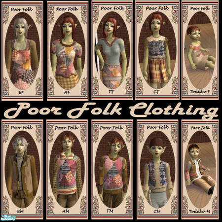Sims 2 — Poor Folk Clothing Set by galilea — A bit shabby, patched, and well-worn clothing for all ages and genders.