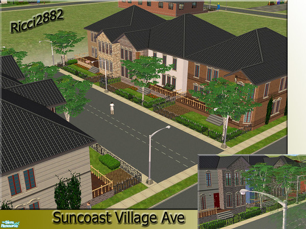 Sims 2 — Suncoast Village Ave by TheNumbersWoman — A set of 6 houses on a \"Street\". 4 of the homes are big