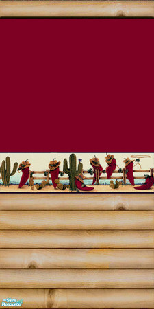 Sims 2 — D W Log Kitchen - Wall 2 by Simaddict99 — Knotty pin log wall with red upper and western border. made to match