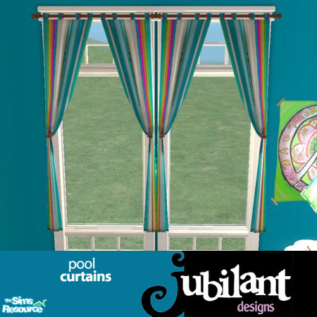 Sims 2 — Pool Bedroom Loft Curtains by Jubilant — Curtains that match the rainbow sheets of the pool bedcovers. 