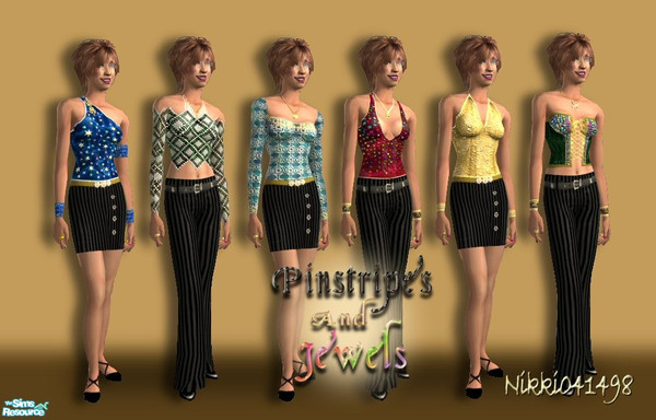 Sims 2 — Pinstripes and Jewels by Nikki041498 — Bright jeweled tops and black pinstriped skirt and slacks set for those