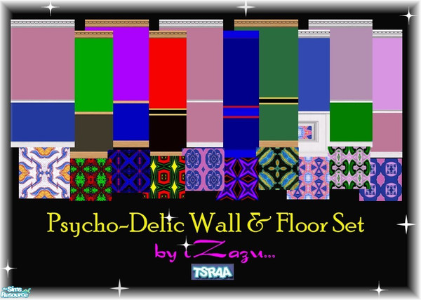Sims 2 — Psycho-Delic Walls & Floors by iZazu — Set includes 10 walls and 10 floors. All crazy colored and just plain