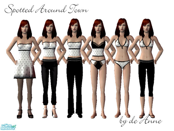 Sims 2 — Spotted Around Town by de_Anne — Cute flirty spotted set, casual, sporty, swim, lingerie, Pj's and cocktail.