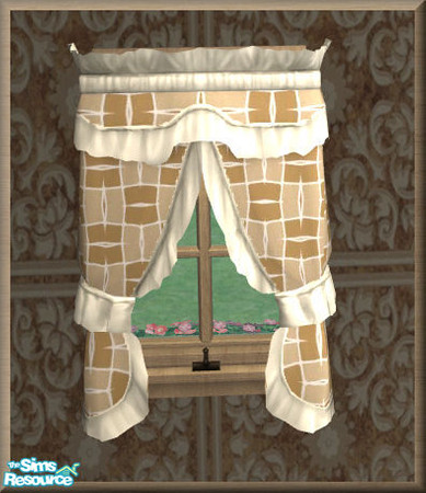 Sims 2 — NK Seasons Country BR - Curtain by MoMama — A country curtain in a large brown weave with white fluffy trim.