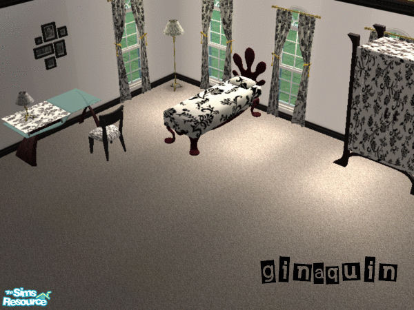 Sims 2 — Vintage Flowers Bedroom Set by ginaquin — Vintage Black and White Flowers. Includes bedding, dresser, desk,