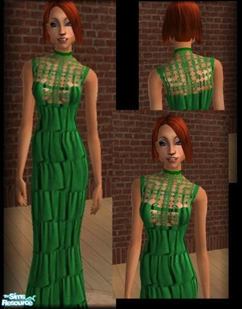 Sims 2 — Dulce Green Gown by galilea — A lovely ruffled gown with lace.