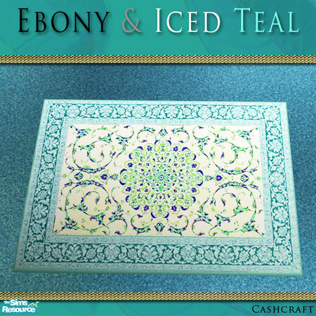 Sims 2 — Ebony & Iced Teal Rug by Cashcraft — Set features ebony woods, gold trim, and the blue-green hues of iced