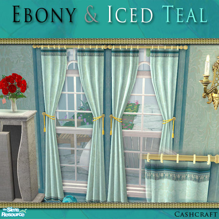 Sims 2 — Ebony & Iced Teal Curtain by Cashcraft — Set features ebony woods, gold trim, and the blue-green hues of