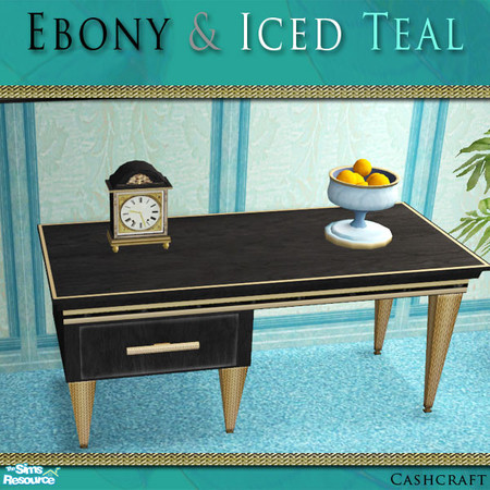 Sims 2 — Ebony & Iced Teal Desk by Cashcraft — Set features ebony woods, gold trim, and the blue-green hues of iced