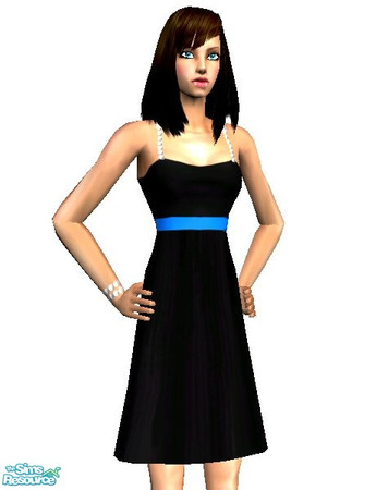 Sims 2 — Prom Dress [Blue] by Lola — Black Knee length dress, with pearl straps and braclet, and a coloured sash round