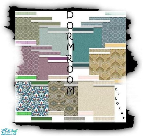 Sims 2 — Dorm Room and Bath by Lorah — Wallpaper and tile in vivid colors and patterns; Starting with Blooms in gold. Can