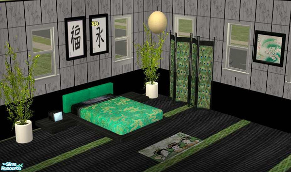 Sims 2 — Emerald Dragon Bedroom by Riverwillows — Lovely bedroom with green and gold dragons with ebony wood. Based on