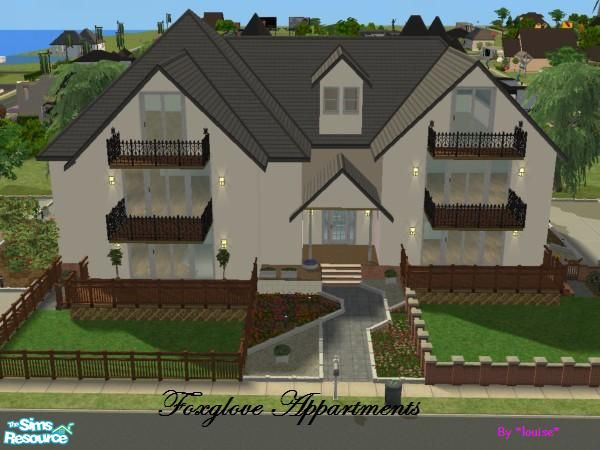 Sims 2 — Foxglove Court by *louise* — Traditional style building containing 7appartments.Ground floor with 4single room