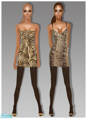 Sims 2 — Animal Print Dress Set by ShortyBoo — A leopard print dress with black tights and matching heels and a strapless