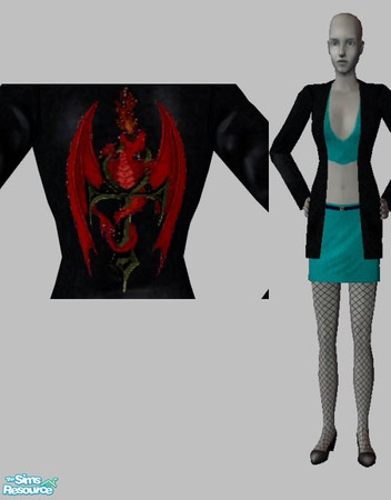 Sims 2 — Teal outfit w/ Red Dragon jacket by krelian — Teal outfit under a jacket with a blue dragon print on the back.