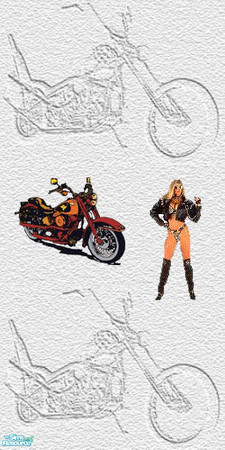 Sims 2 — TL-Biker Wall Bike & Girl & Cycle by TabbyLou — Bike Backgrnd with Girl & Cycle Decals Wallpaper.
