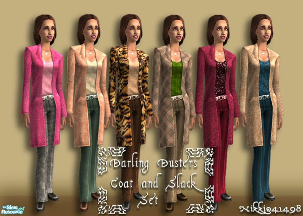 Sims 2 — Darling Dusters Coat and Slack Set by Nikki041498 — Duster coat and slack sets in elegant color combinations.