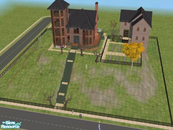 Sims 2 — Creepy house with mausoleum by Thing4U — This creepy house has a mausoleum on the property, and a graveyard as