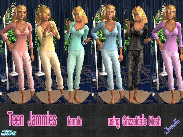 Sims 2 — am_TeenJammies by Cruella — Pretty satin and lace jammies for teens, in 6 different nighttime colors. You will
