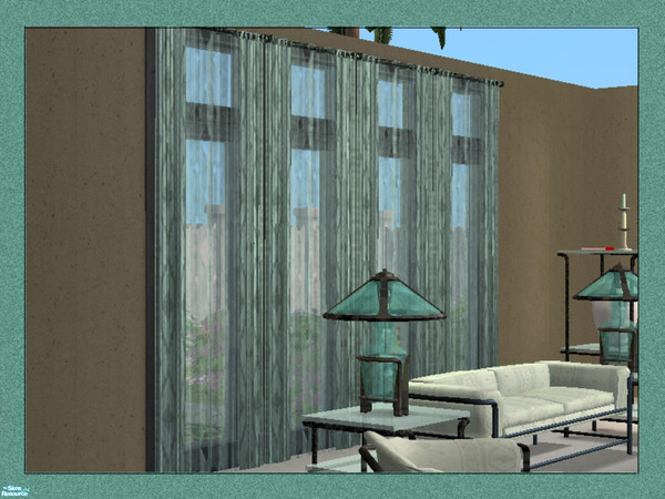 Sims 2 — Low Rise Mod Living Room-Drapes Straight by Dgandy — Low back sofa, loveseat and Lounger. Glass tables and lamps