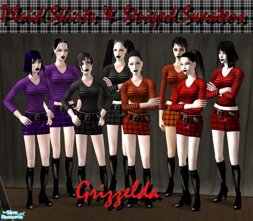 Sims 2 — Plaids & Stripes (Teen) by Grizzelda — This set of Goth inspired striped sweaters and plaid skirts are great