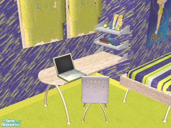 Sims 2 — Spoiled Brat Teen Bedroom Laptop by SpringwolfDecor — Tinkerbell sits cockily on the wall in the whimsical room