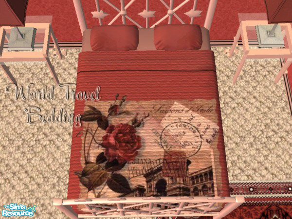 Sims 2 — World Travel Double Bedding by SpringwolfDecor — A Taste of the French Country in shades of Peach and Maroon!