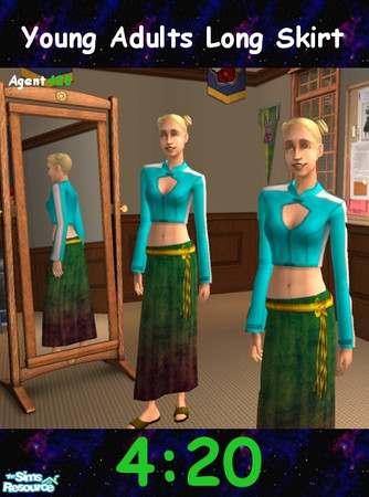 Sims 2 — 2-Tone Greenish Long Skirt by Agent420 — A 2-tone Greenish colored long Skirt with Gold Belt, Gold Star, and
