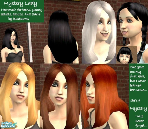 Sims 2 — BastDawn Hair set: Mystery Lady by BastDawn — Set includes two new meshes and four basic colors, inspired by the