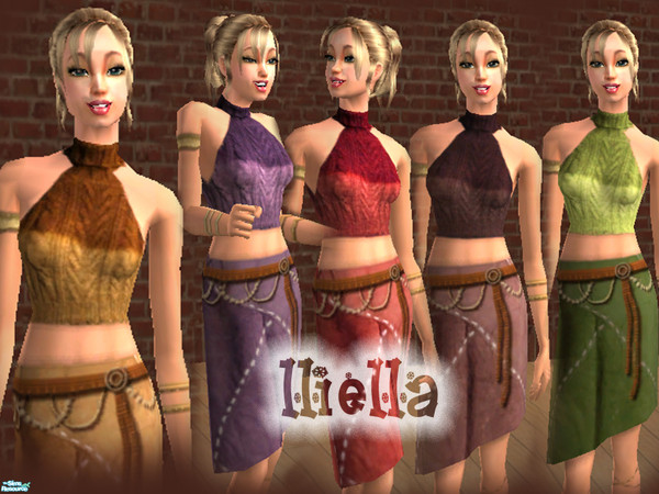 Sims 2 — Knit & Suede Set by lliella — Two-tone knitted top with soft suede slanted skirt. Accessoried with a funky
