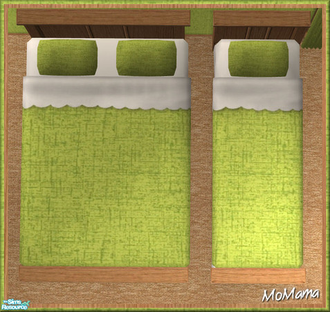 Sims 2 — NK Mission BR Green - Bedding by MoMama — Green quilt and pillows on a white sheet and mattress.