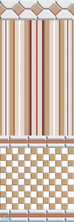Sims 2 — Busy Brown and White by Lorah — Busy white, yellow, blue, pinkish purple, brown and green in walls, tiles and