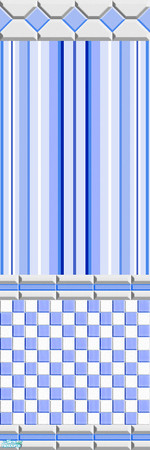 Sims 2 — Busy Blue and White by Lorah — Busy white, yellow, blue, pinkish purple, brown and green in walls, tiles and