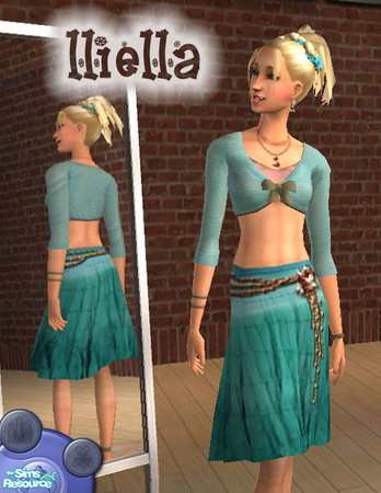 Sims 2 — Prairie - teal by lliella — Abs-baring knitted shrug paired with coordinating crinkled peasant shirt.