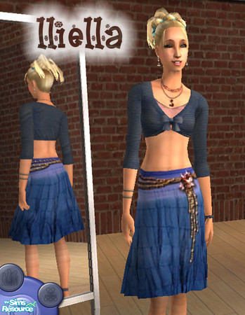 Sims 2 — Prairie - blue by lliella — Abs-baring knitted shrug paired with coordinating crinkled peasant shirt.