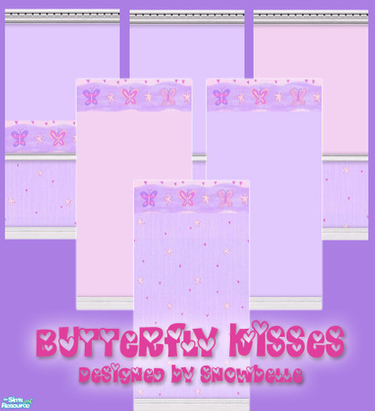 Sims 2 — Butterfly Kisses Wall Set by Snowbelle — Set of six walls featuring a lilac and pink butterfly border on both