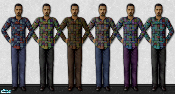 Sims 2 — "Stained Glass" Shirts by jombay — The perfect shirts for the Sim man who loves color! Coordinating