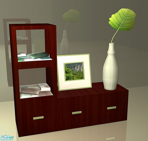 Sims 2 — Dahlia Dresser Shelves by SaeraMaples — This elegant bedroom has a charming mix of dark wood and light textures.