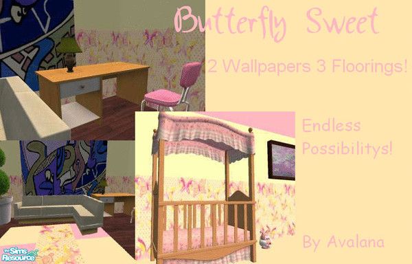 Sims 2 — Butterfly Sweet by Avalna — This is a fun little set with 2 matching walls and 3 matching floors that will go