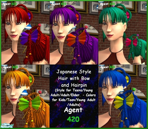 Sims 2 — Color Dyed Japanese Style Hair by Agent420 — This set includes 5 amazing Color Dyed Japanese hair styles with
