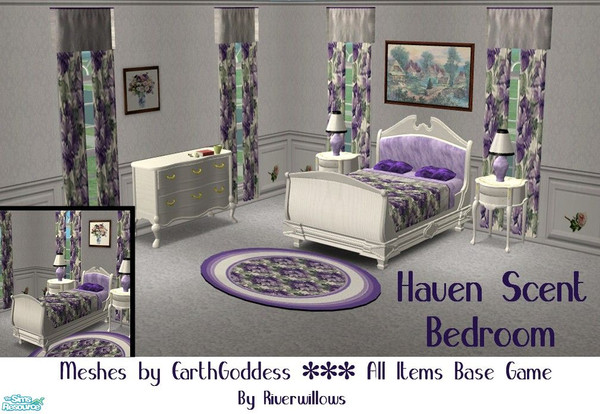 Sims 2 — Haven Scent Bedroom by Riverwillows — Lovely Victorian style bedroom set in soft lavender florals. Meshes by