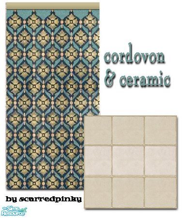 Sims 2 — Cordovon & Ceramic Set by scarredpinky — A lovely blue and gold fabric wall with a neutral ceramic floor. 