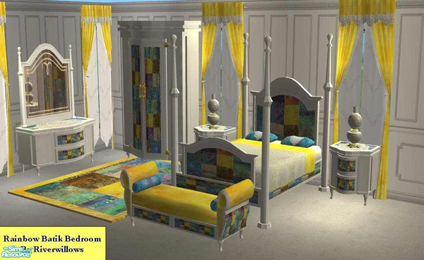 Sims 2 — Rainbow Batik Bedroom by Riverwillows — Lovely white wood and rainbow patterns in a Victorian setting. Based on