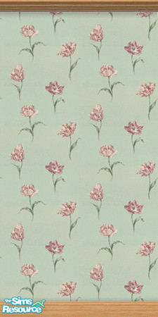 Sims 2 — Bloom by Snowbelle — Pretty floral wallpaper, pink flowers on a green background.