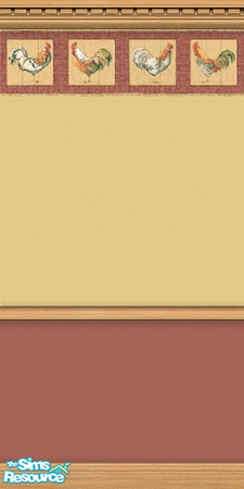 Sims 2 — Kitchen Collection by Snowbelle — Kitchen wallpapers featuring cockerel and apple borders. main colours are red,