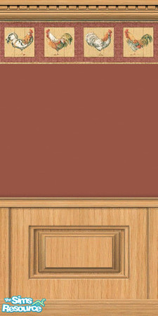 Sims 2 — Kitchen Collection by Snowbelle — Kitchen wallpapers featuring cockerel and apple borders. main colours are red,