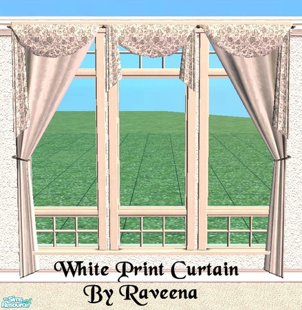 Sims 2 — White Print Curtains by Raveena — You will need all 3 of BitzyBus's curtain meshes. The middle and right mesh