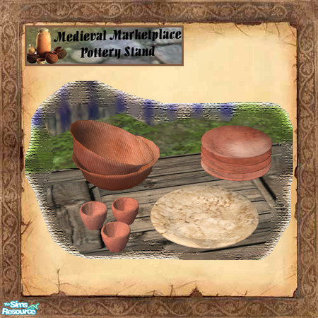 Sims 2 — Pottery Stand - Plates by cemre — Medieval Marketplace -Pottery Stand includes tent, 3 table parts, vases,