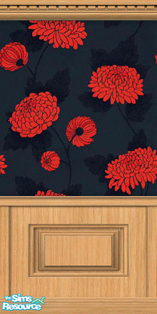 Sims 2 — Morris Chrysanthemum by Snowbelle — Wall featuring black background and red chrysanthemum.